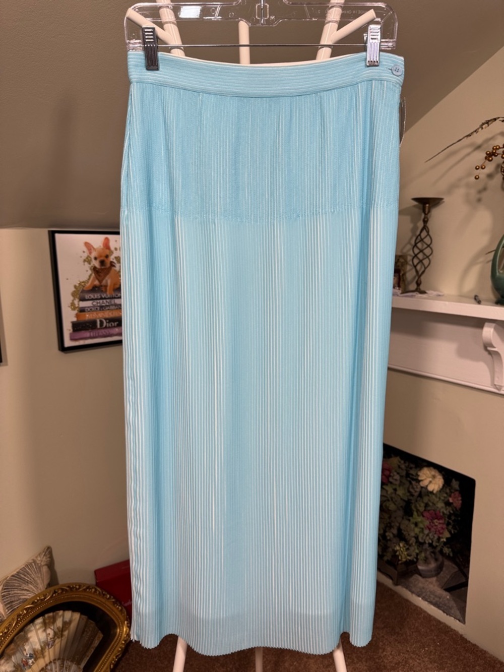 NWT Carlisle Light Aqua and White Micro Pleated Maxi Skirt Retail $658! - Picture 2 of 11
